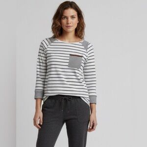 Pink Clover Black and White Striped 3/4 Sleeve Knit Top w/ Front Pocket | Sz XS